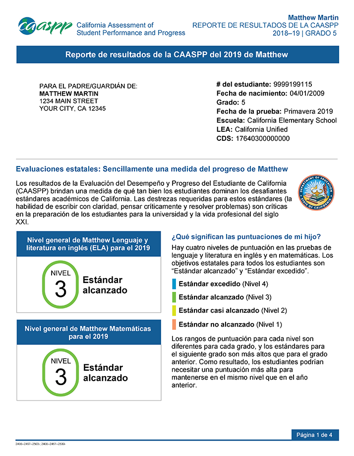 Sample CAASPP Spanish Score Report